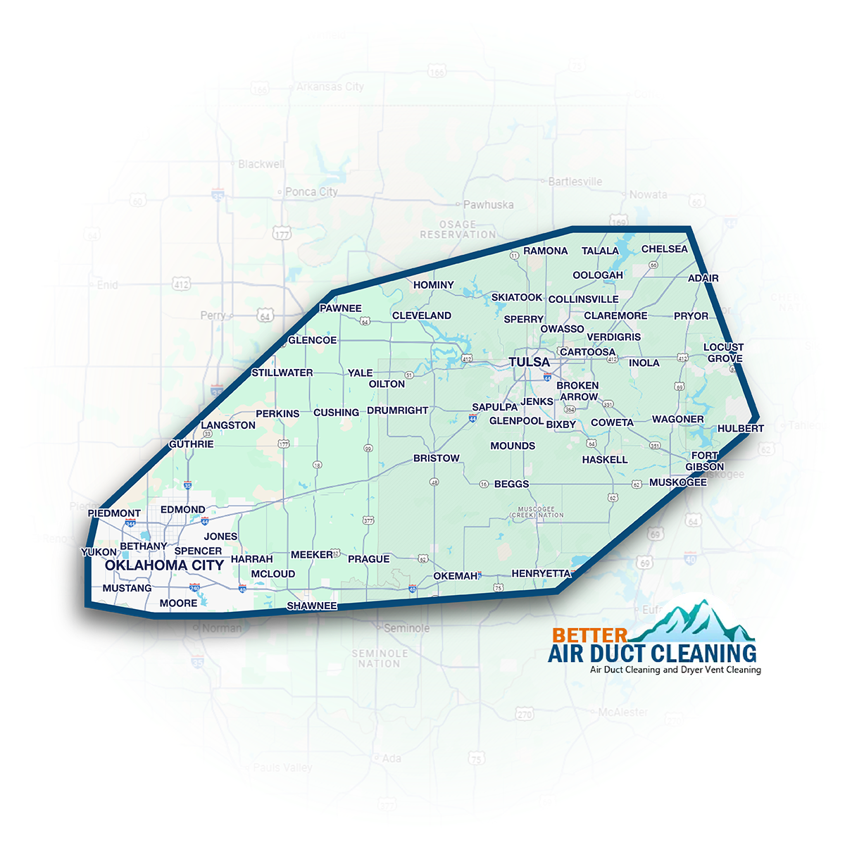 Better Air Duct Cleaning service area map covering Tulsa Metro and Oklahoma City