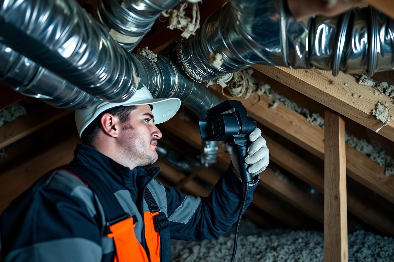 HVAC technician using a duct inspection camera in an Oklahoma attic
