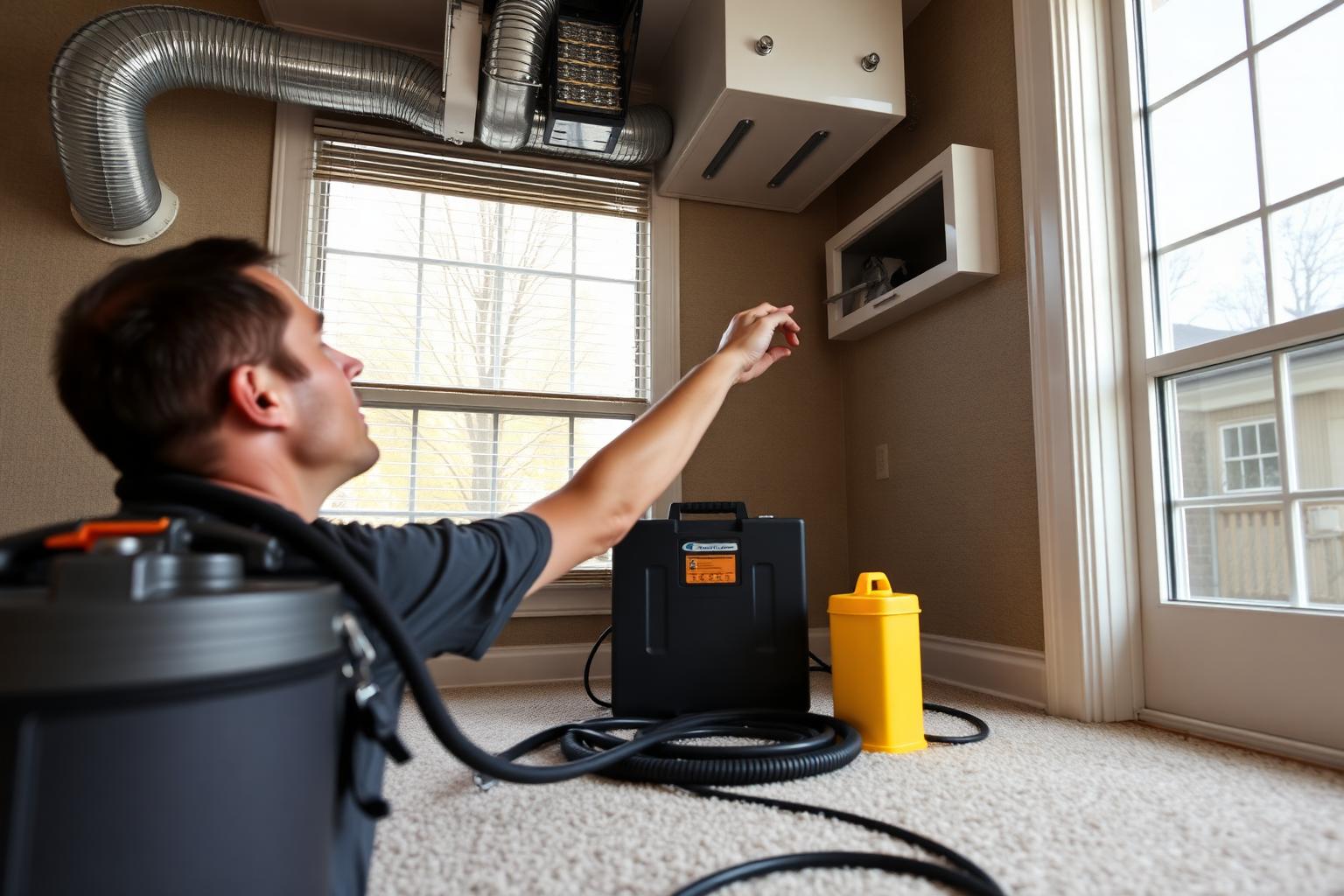 HVAC technician cleaning duct vents in a Tulsa home