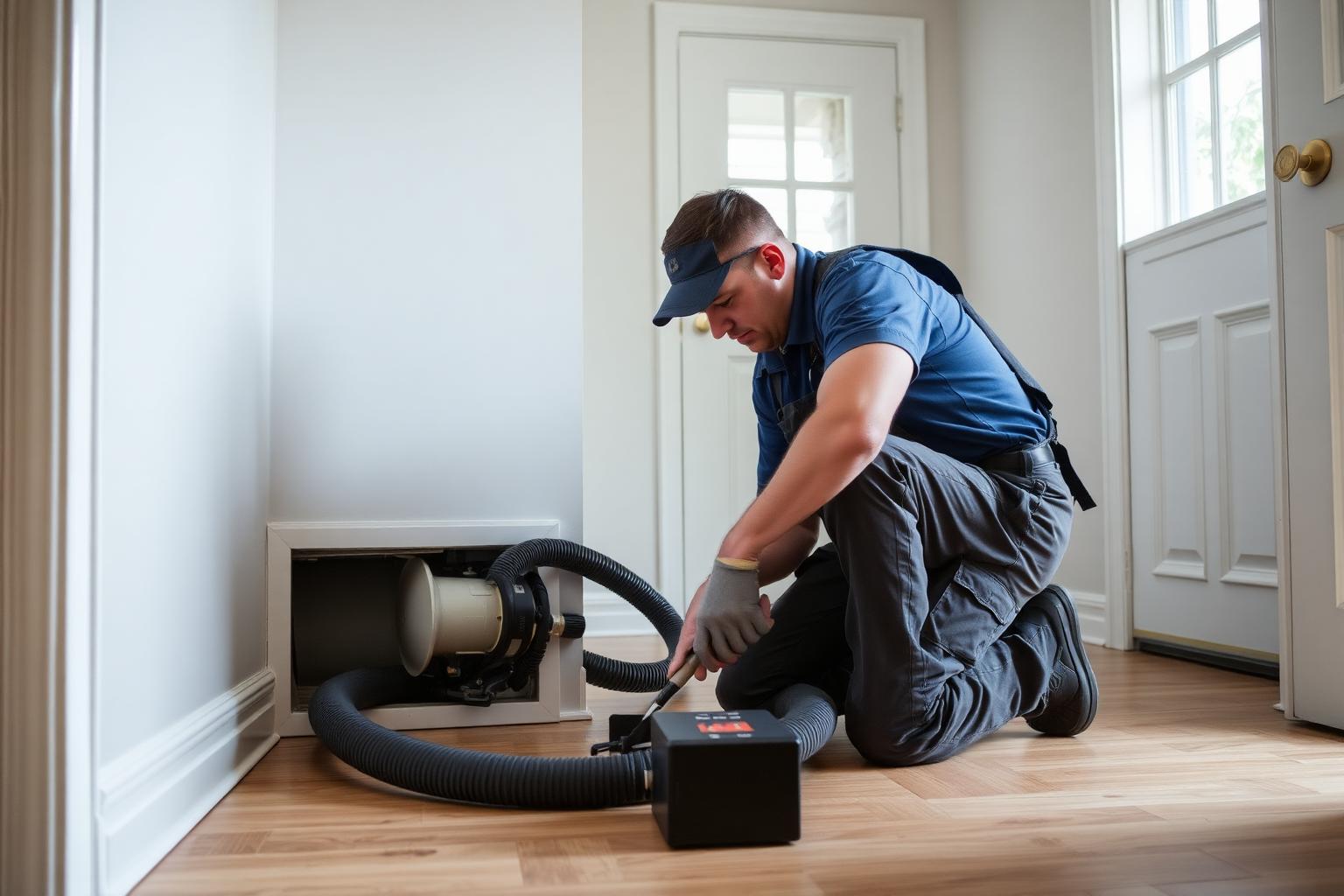Technician cleaning a residential floor vent with professional equipment