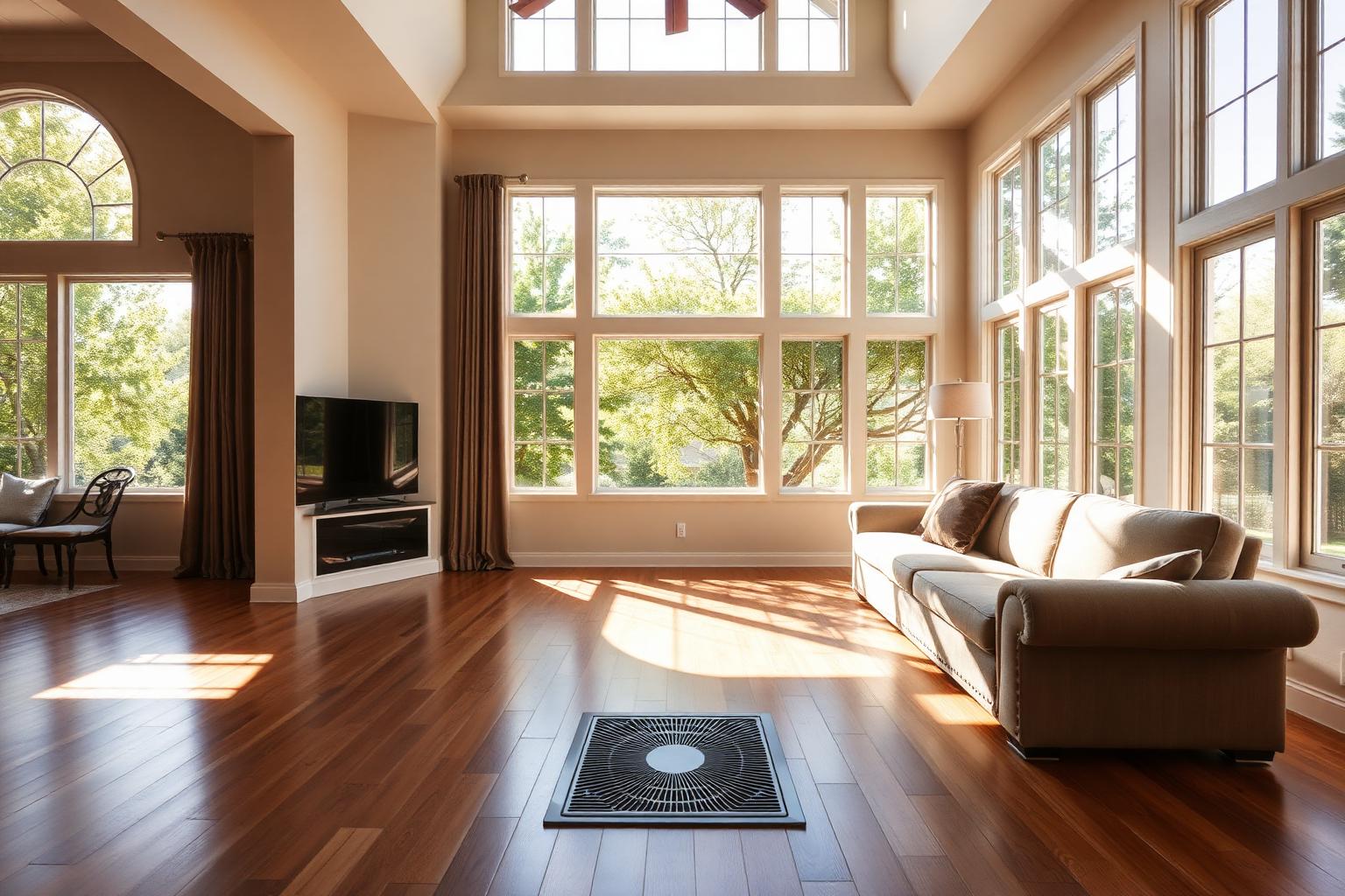 Sunlit Tulsa living room with a visible floor air vent in late summer