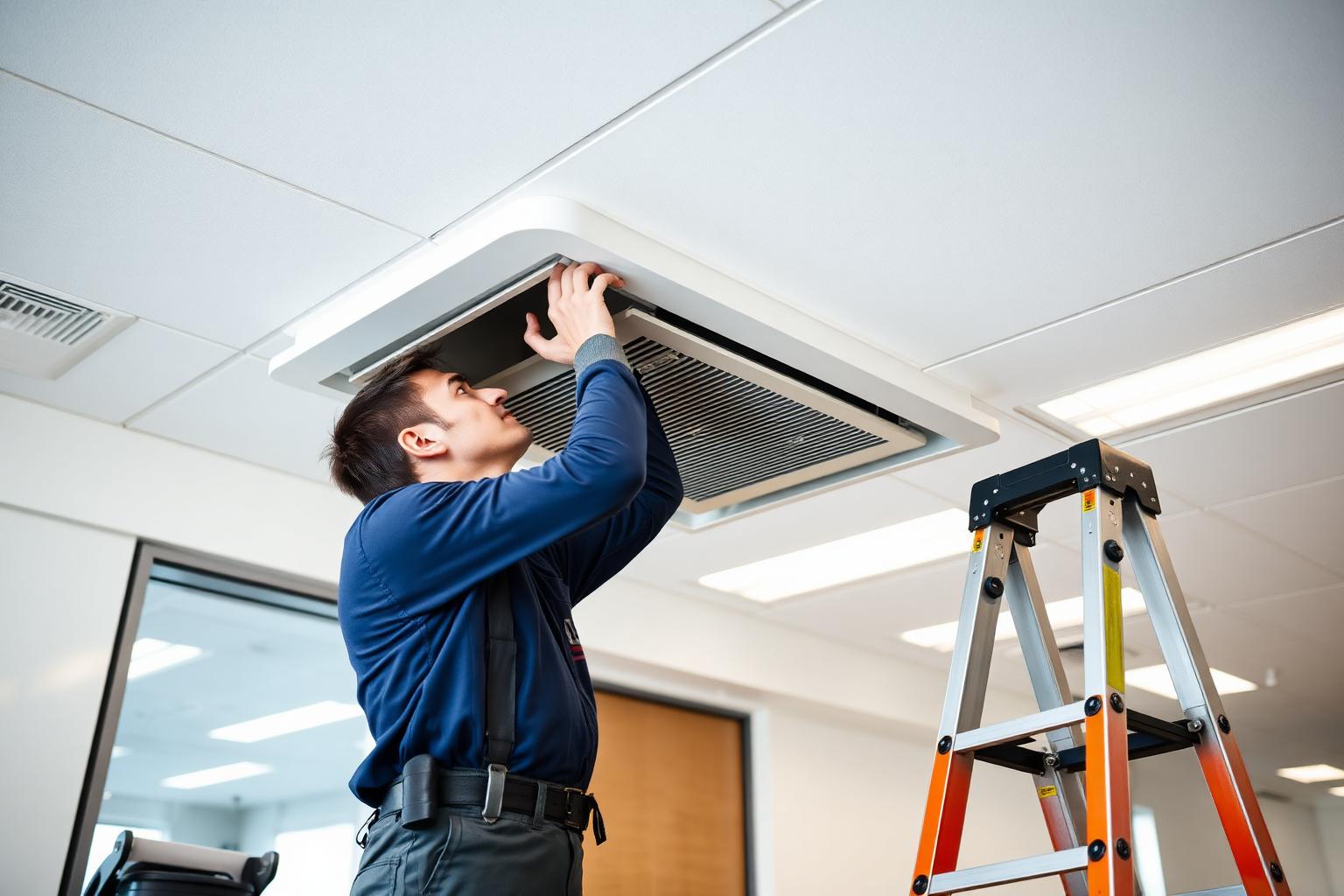 Technician servicing a commercial ceiling vent in an office