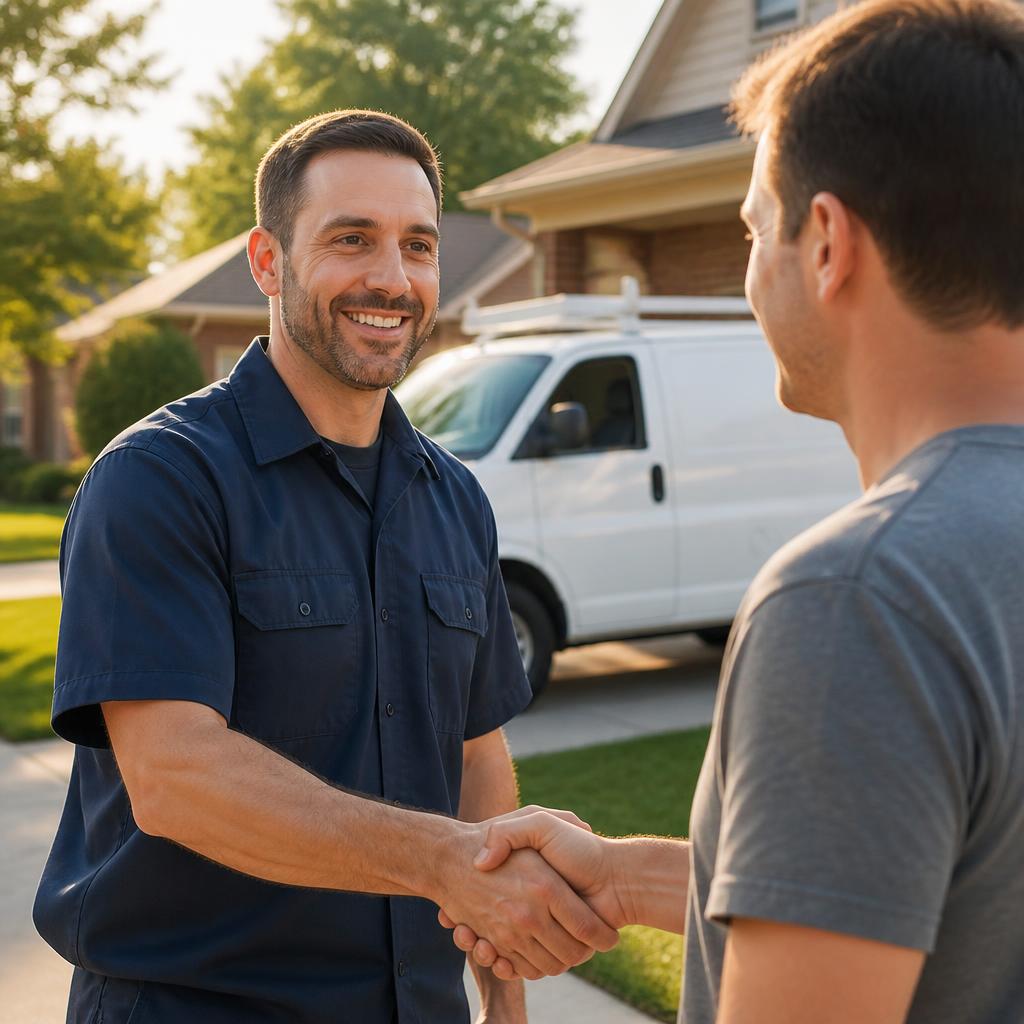 Two HVAC professionals shaking hands beside a service van at a Tulsa home