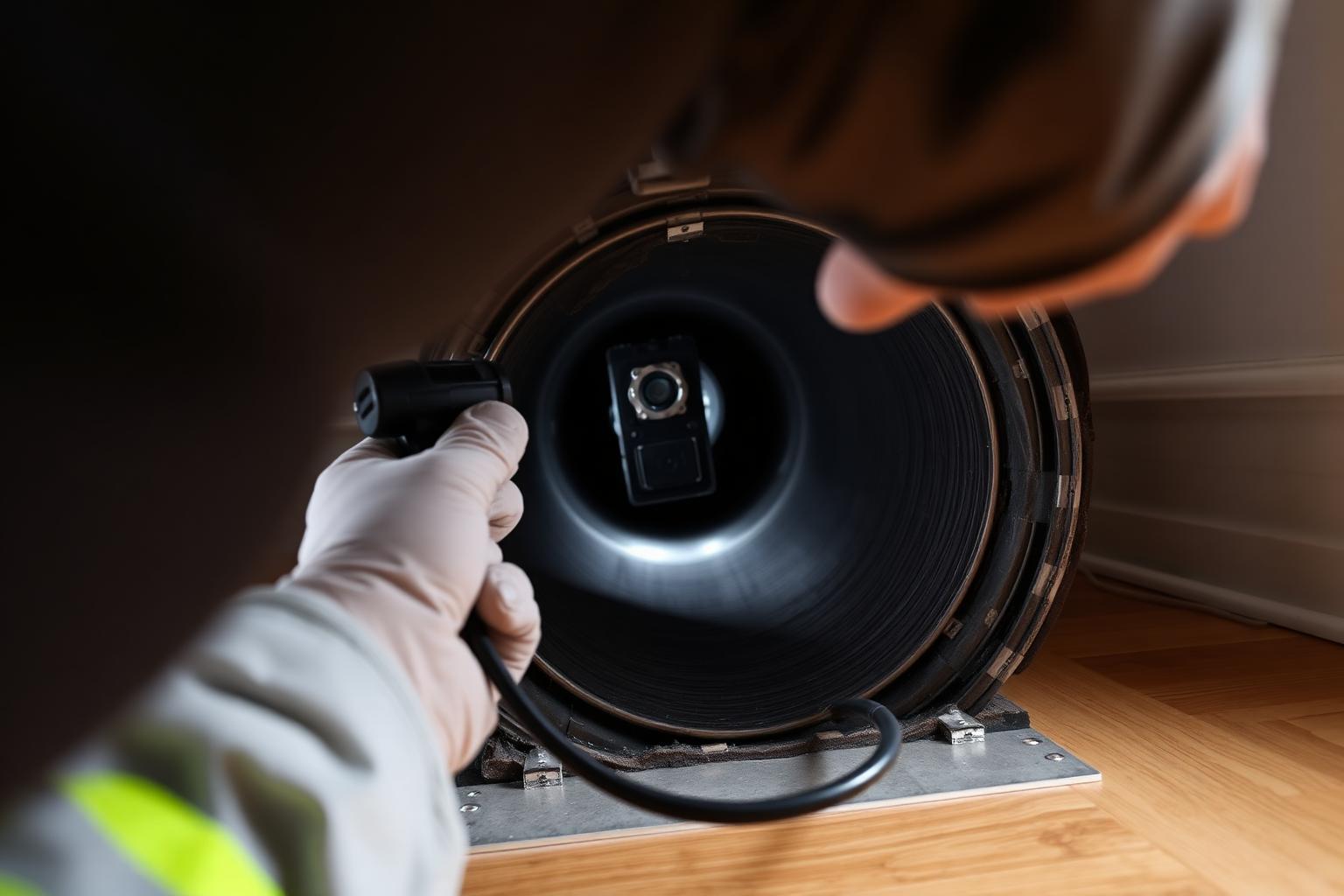 Inspection camera being guided into a residential floor duct