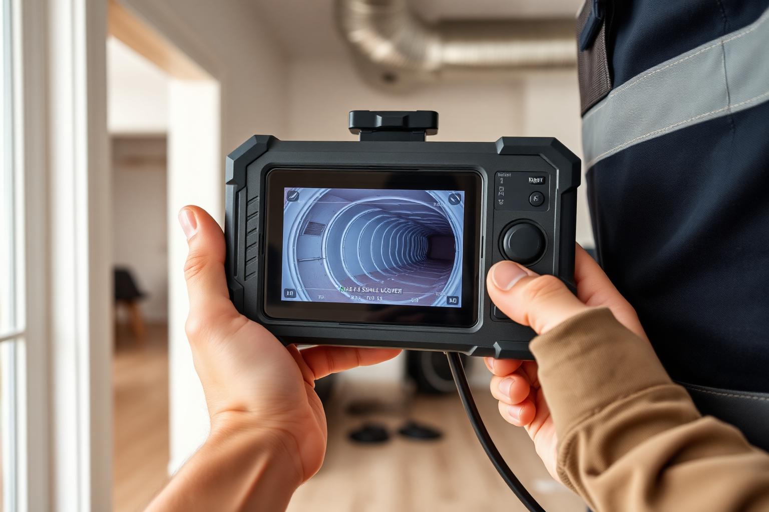Technician reviewing duct camera footage on a handheld inspection monitor