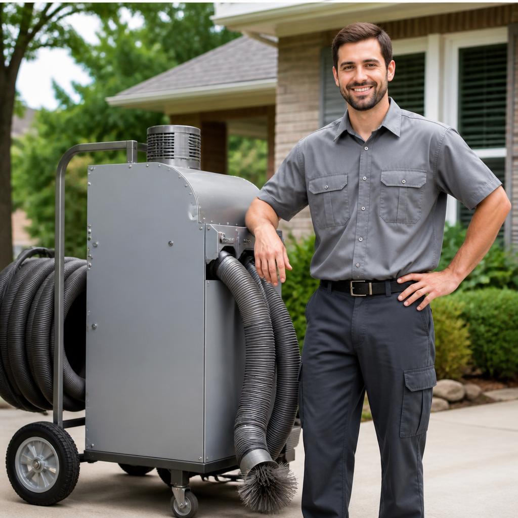 Local technician with duct cleaning equipment outside a Tulsa home
