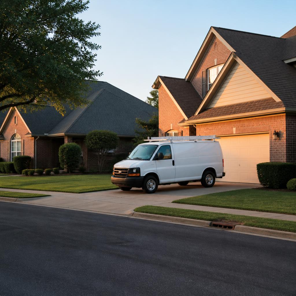 Service truck parked outside a neat Tulsa-area suburban home