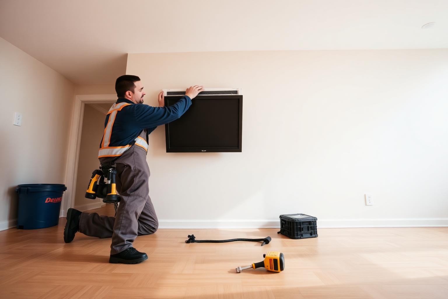 HVAC technician removing a vent cover in an empty house