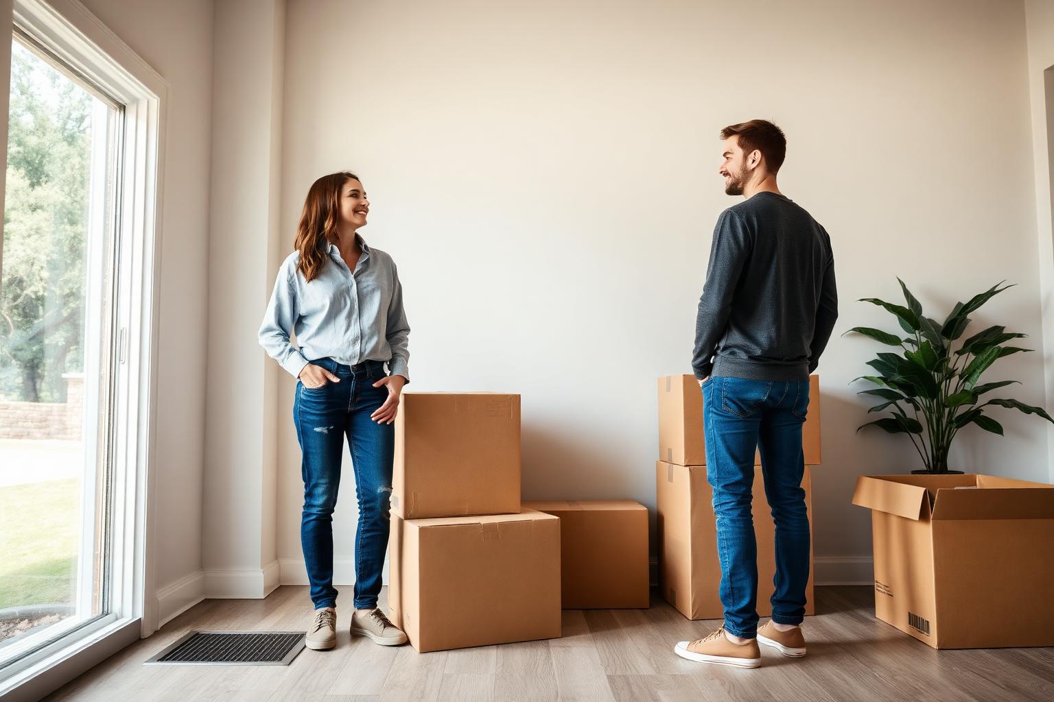 Young couple in a newly purchased Tulsa home with moving boxes