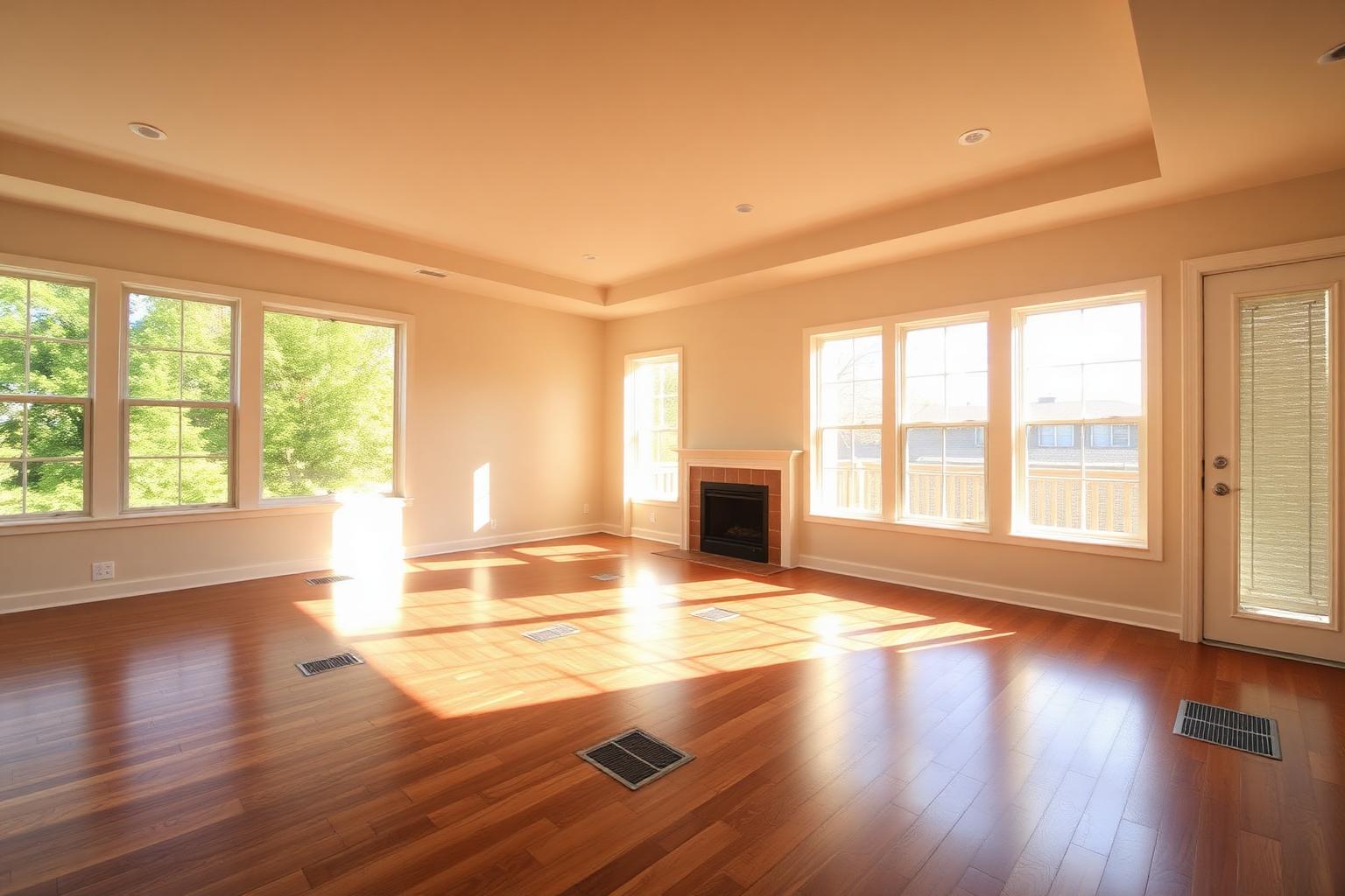 Clean upscale Tulsa living room with sunlight and visible floor vents