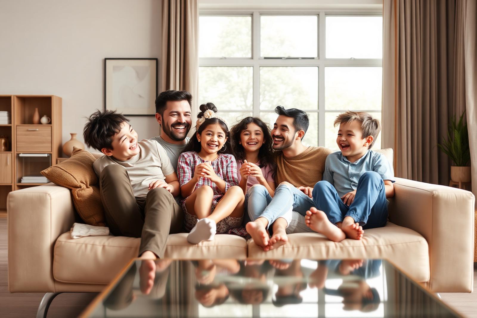 Family relaxing together on a couch in a home with clean, fresh indoor air